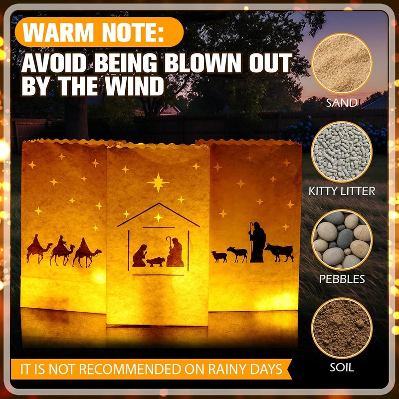ForraFun 48 Pcs Christmas Nativity Luminary Bags Bulk Religious Christian Paper White Candle Lantern Bag 10 x 6 x 3.5Inch Fire Retardant Paper Jesus Luminaria Lantern for Christmas Winter Party Decor - Image 3